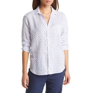Frank &‎ Eileen Barry Shirt Women Blue Pineapple Print Button Up 100% Linen XS